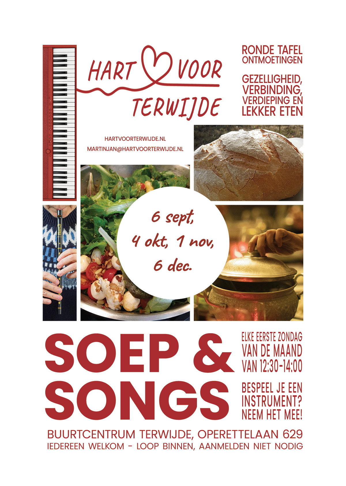 Poster met uitnodiging voor Soep en Songs, elke eerste zondag van de maand van 12:30-14:00 in Buurtcentrum Terwijde